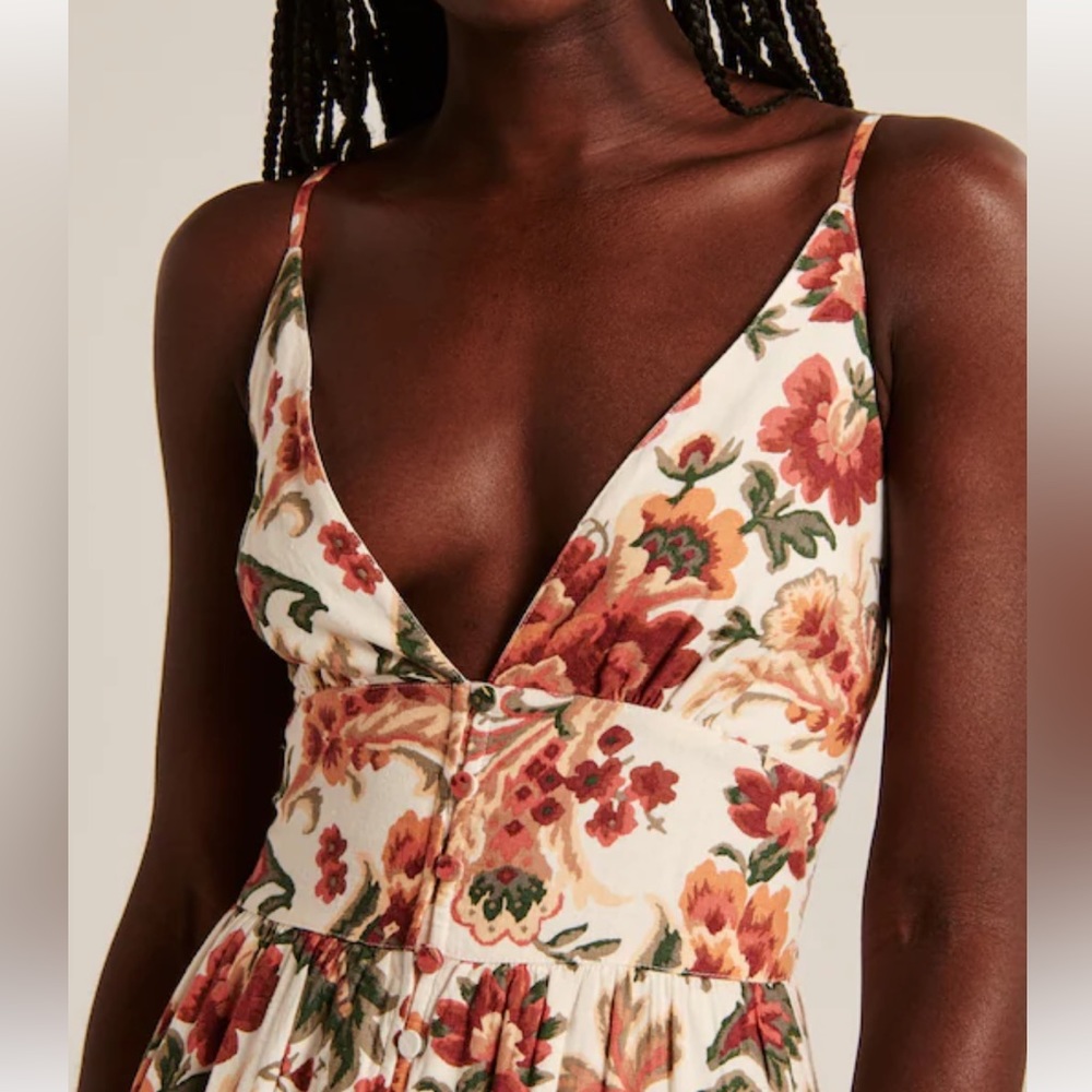 Abercrombie maxi with button-through detail, adjustable straps, and deep-v neck